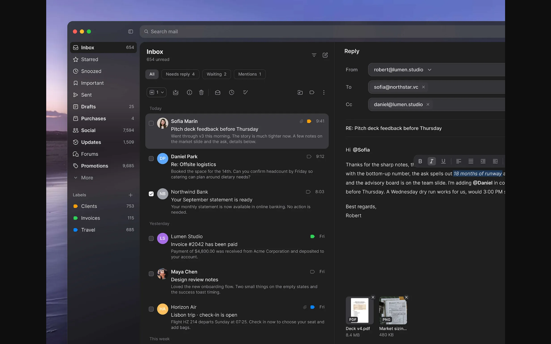 Inspected Robert Licau dark email artwork with folders, message list and reply pane