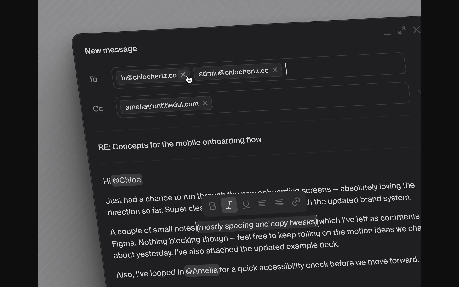Inspected Untitled UI artwork showing recipient chips and rich text email composition